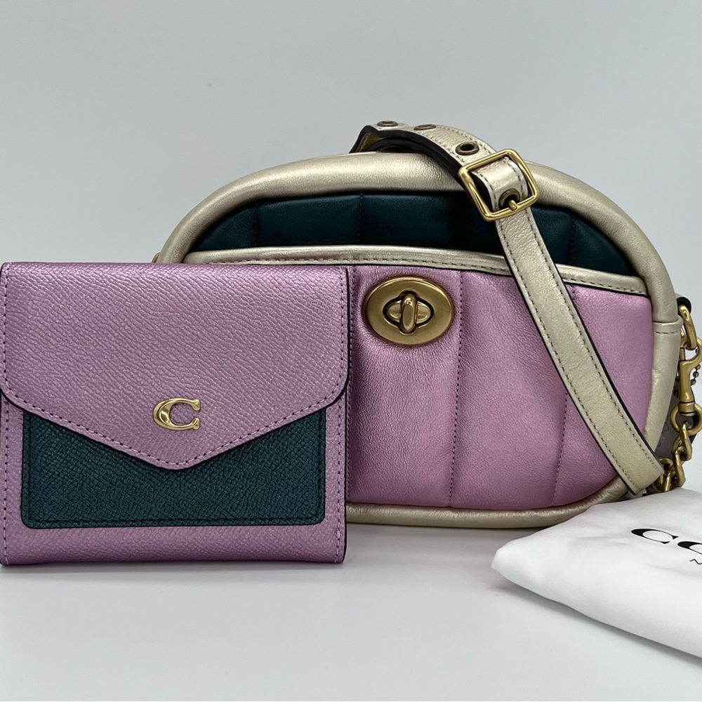 Coach quilted colorblock metallic multi camera bag and matching wallet